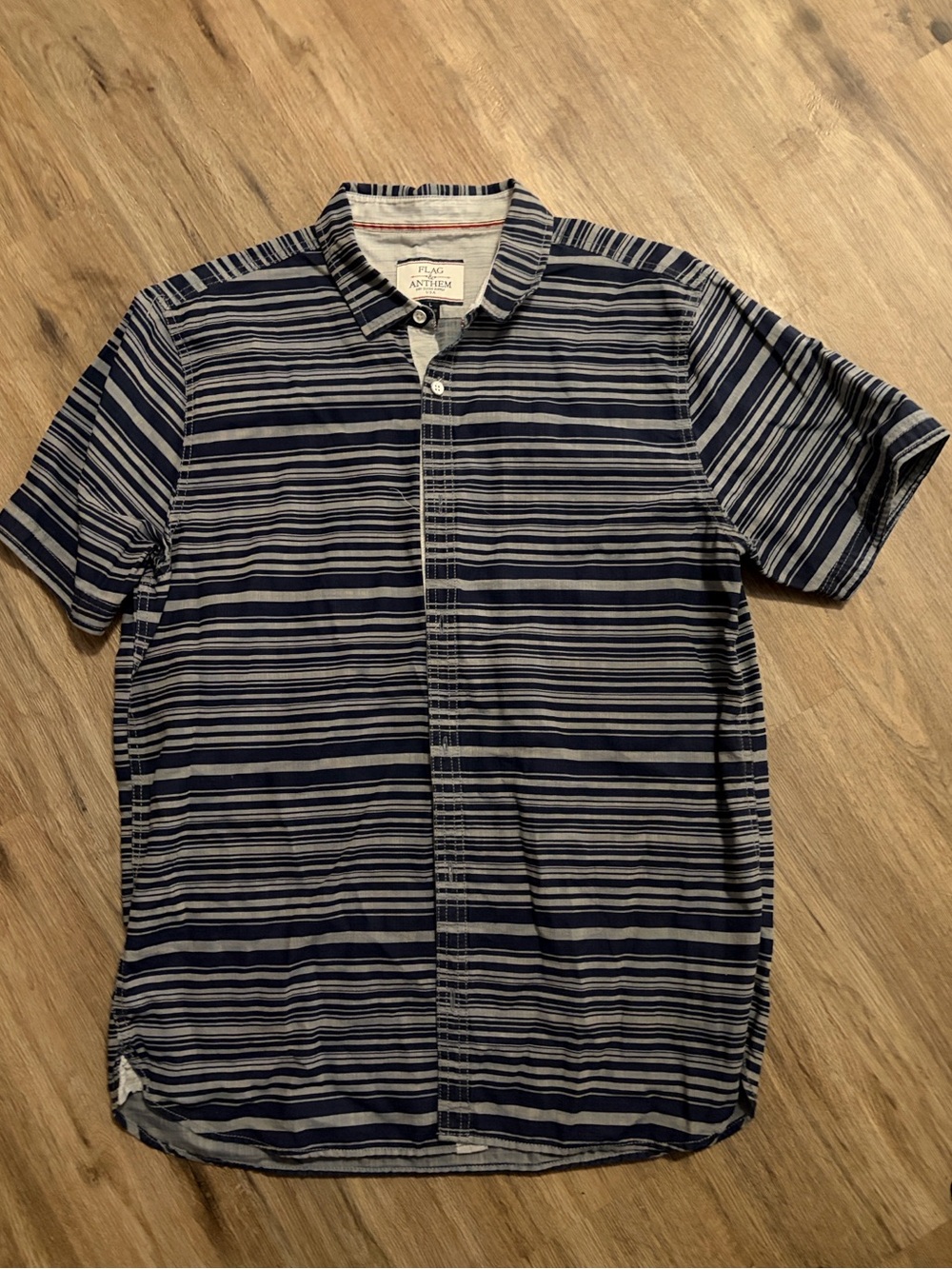 Flag & Anthem - Navy and Gray Striped Short-Sleeve Button-Up Shirt - Size Large